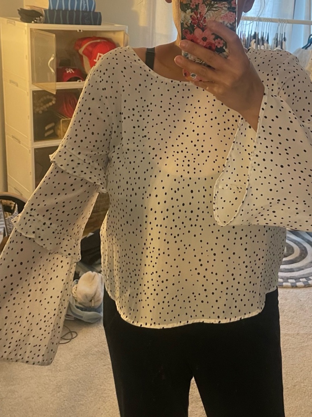 Lush White Polka Dot Tiered Bell Sleeve Blouse